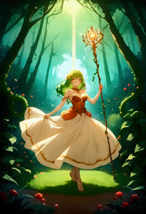 masterpiece,best quality,high resolution,ultra sharp focus,Cinematic Lighting, ethereal light,8k,mystical, vibrant, surrounded by lush vines and leaves, earthy greens and warm browns, shoulder-length wavy green hair, sprinkled with small flowers, serene an...