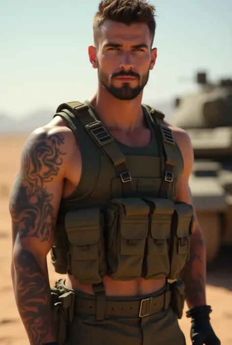  male 20 years old , Hot soldier ,  Bundeswehr, Overall,  muscular build , tattooed arms,  short beard radiates beautiful eyes ,  short curly hair in the background,  a tank and desert 