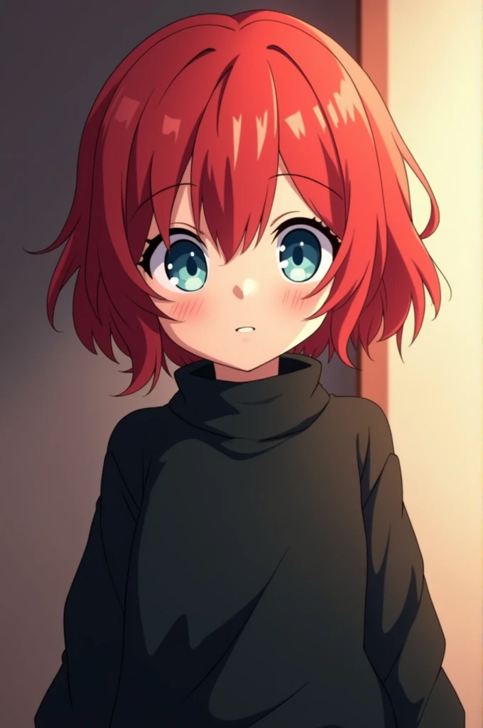  A screenshot Boku no Hero Academia,  A 16-year-old girl ,pale skin, round and very cute light blue eyes ,  short wavy and disheveled red hair , wearing a black sweater fits very big and looks adorable