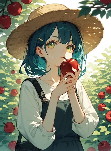 Astetick girl in her 20s Darck holding an apple with her left arm