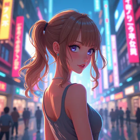 World of Noise　solo,  high resolution on down, smile,  shiny hair,  Half Up Hairstyle, Light brown hair,  open your mouth slightly ,  3d rendering , 8K Octane, anime, Woman looking back　 imaginary