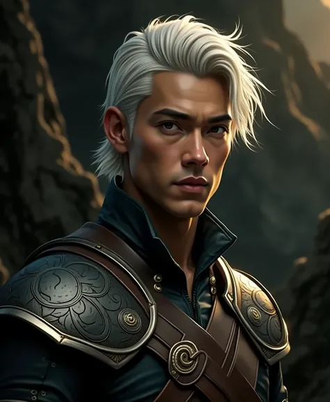 Beautiful 25-year-old man, white haired, in warriors clothing