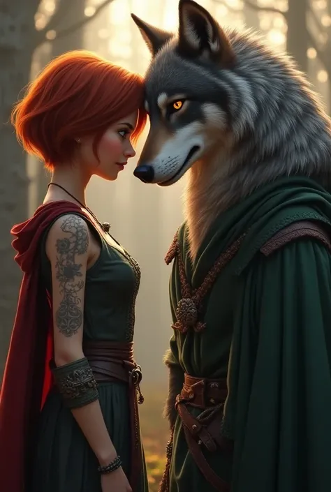 pixar design, pretty woman, Pix art , Short red hair woman, face to face with a Gigant Grey wolf ,, medieval outfit, sexy , medieval clothes Medieval style, Medieval background 