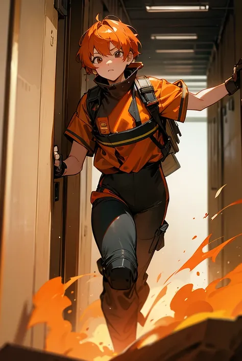 A short-haired orange-haired girl dressed as a fireman running with a  in her arms inside a burning corridor.