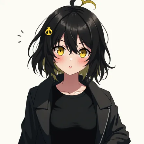 a girl,  medium black hair with a yellow tuft on the side, yellow eyes ,  wearing black clothes ,a shirt,a coat over ,not anime style,detail, details altos, quality, Necessary, 