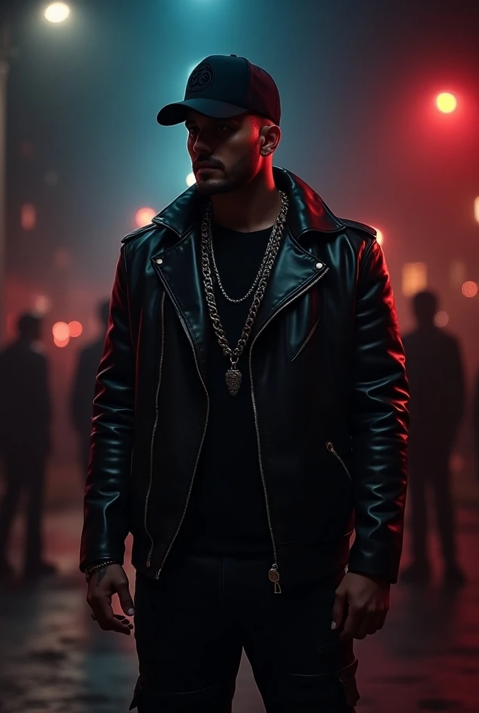 "A bold and urban cover art for a song called Mi Tíguere. The image features a man with a defiant pose, wearing urban streetwear like a leather jacket, chains, and a cap. The background is dark, with a gritty street vibe, perhaps with dim streetlights or n...