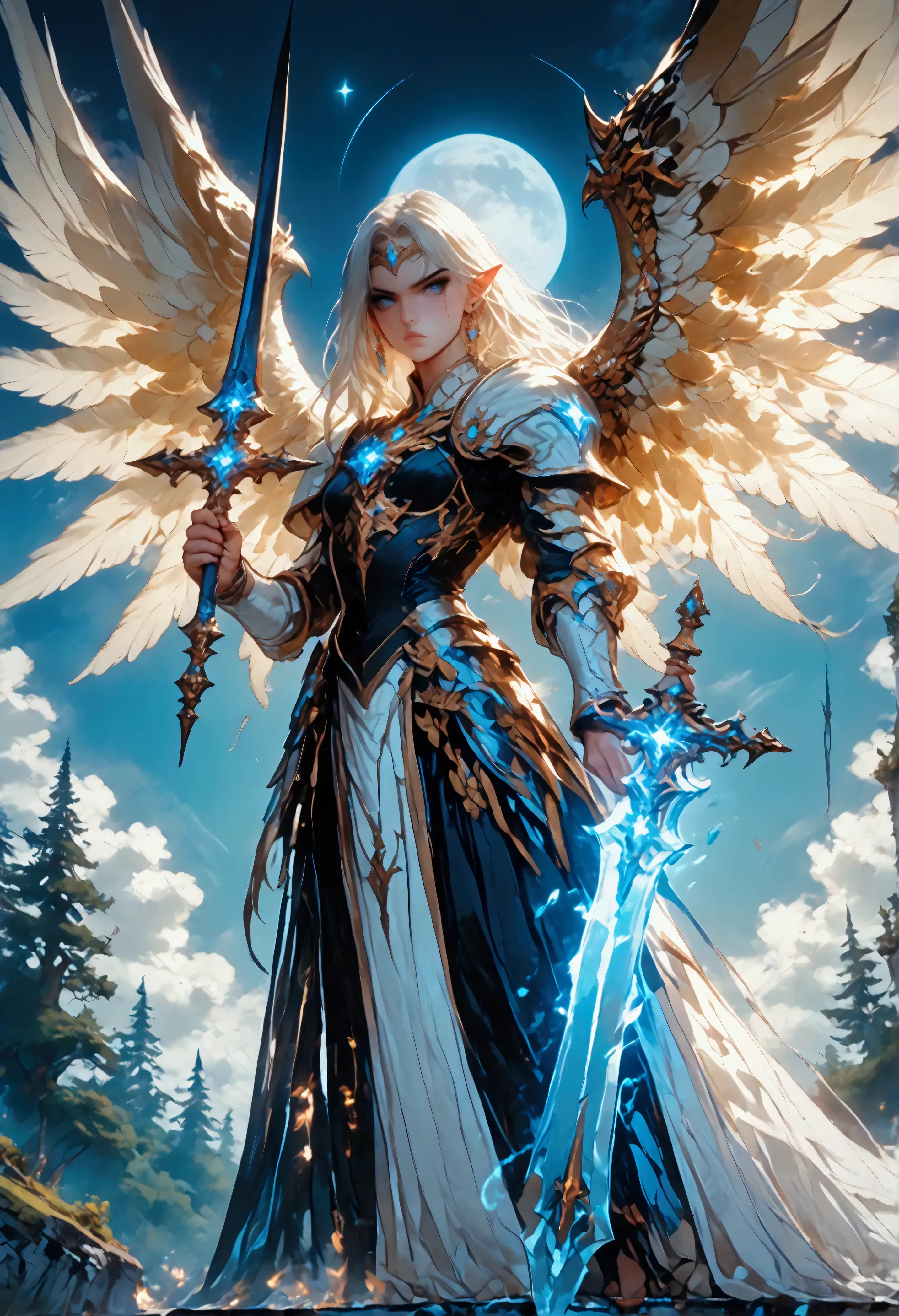 score_9, score_8_up, score_7, an epic fantasy art portrait of aasimar, female, paladin ready for battle under the full moon, hol...