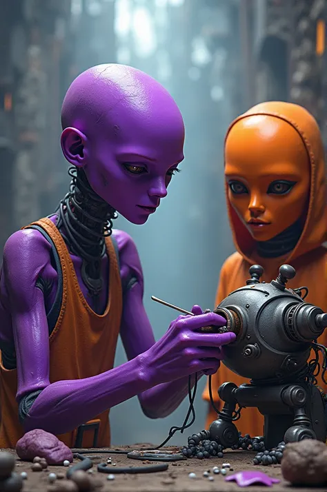 a purple person soldering a robot while an orange person watches