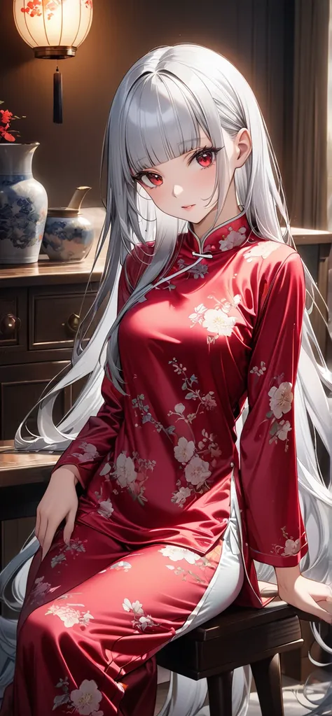 Ultra high resolution, rich colors, perfect image, top quality, detailed image, beautiful woman, glowing skin, texture of skin and clothes, delicate eyes, at home, at table, sitting on table chair, satin fabric cheongsam style pajamas, (((silver hair blunt...