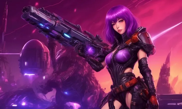 A cute woman (violet hair, violet eyes, sexy violet body suit extremely revealing, some electronic components on the suit with lit displays, amazing butt, laser pistol, chain sword (chain saw bladed sword makes a real bloody mess of foes)), role of space p...