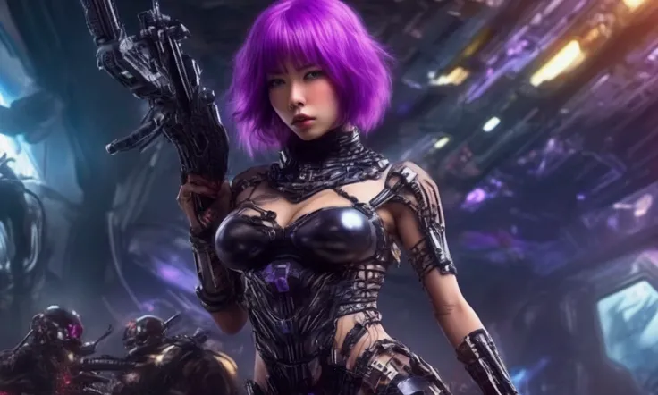 A cute woman (violet hair, violet eyes, sexy violet body suit extremely revealing, some electronic components on the suit with lit displays, amazing butt, laser pistol, chain sword (chain saw bladed sword makes a real bloody mess of foes)), role of space p...