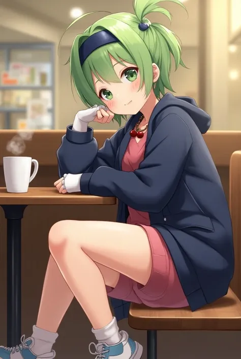 green hair,short ponytail hair,dark baggy blue jacket,pink short pants,dark green eyes,white and blue shoes,cherry necklace,white warmers,dark blue headband, sitting on a cafe, holding a coffee