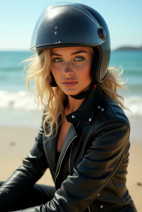 The image shows a blonde woman with curly hair and blue eyes at the beach. She wears a fitted leather jacket and a helmet on her head, giving her a bold and adventurous appearance. The scene takes place by the ocean with a scenic backdrop, emphasizing free...