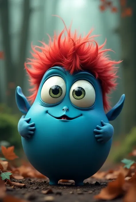 The blue apple has big round eyes with red hair