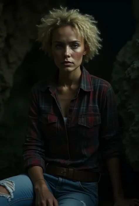 Photographie d&#39;une femme, (expression faciale troublée), peau texturée, chair de poule, cheveux afro blonds, chemise en flanelle à carreaux avec un jean boyfriend vieilli, tir de cow-boy, grotte sombre et mystérieuse avec des formations rocheuses uniqu...