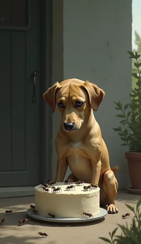 Sad dog with ant cake