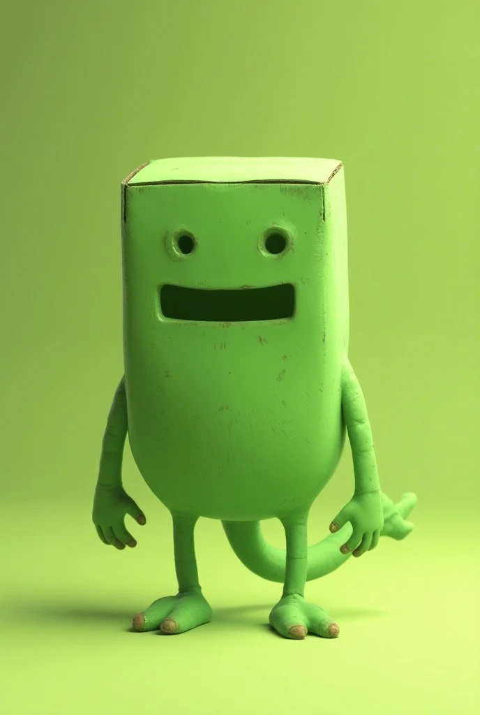  Green creature with a tail in place of legs , with square head ,  without arms and with floating hands  ,  with a cardboard box on its head with two holes for the eyes,  cartoon cartoon in 4K HD  (details of shadows)
