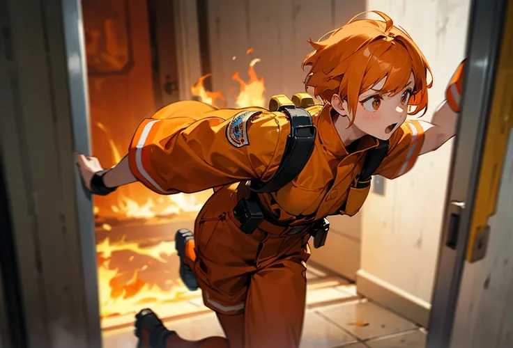  A girl with short orange hair dressed as a fireman running intensely while holding a  in her arms inside a burning corridor.  masterpiece ,  best quality .

 This girl is carrying a  in her arms . 