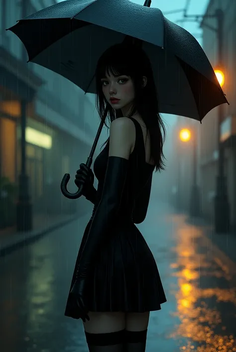 An illustrated poster of the film, beautiful robot girl, wearing a short goth black dress, holding an umbrella, night, deserted street, heavy rain, street lights, half profile, looking at viewer over shoulder