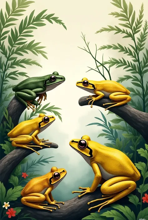 
An illustrated album with detailed illustrations of yellow frogs and vegetation with the title Pacific frogs 
