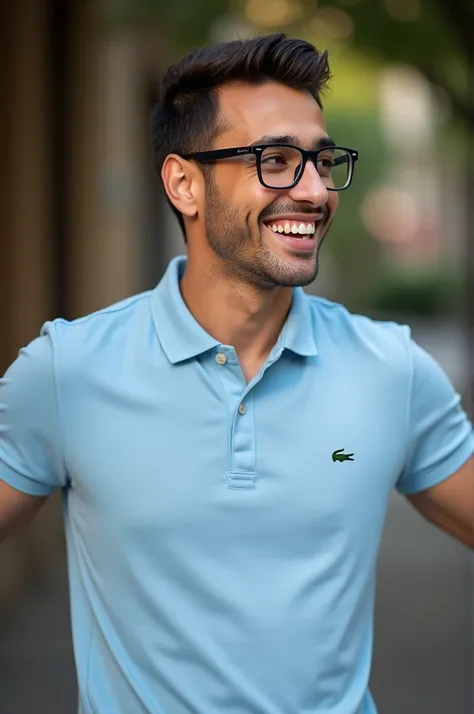 Un jeune homme portant une Lacoste bleu avec des lunettes antireflet qui sourit en orientant ses bras vers la gauche 