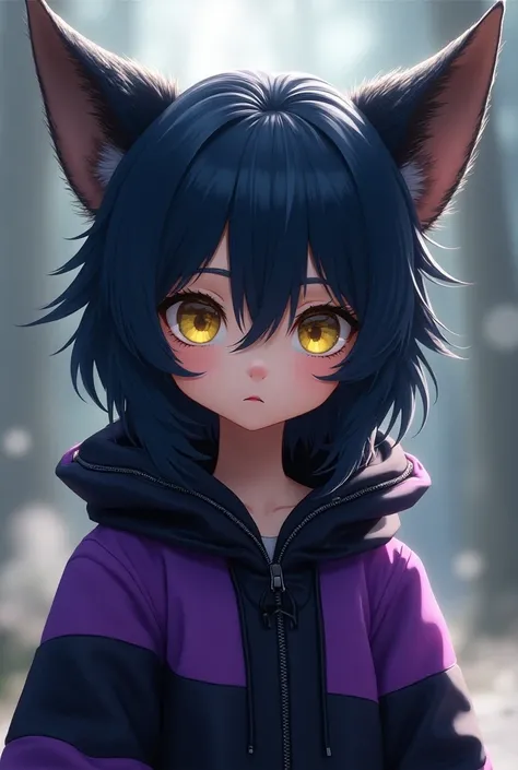 young human ,Pointy animal ear with scales on the head, Dark blue hair,purple and black striped coat ,yellow eyes,anime