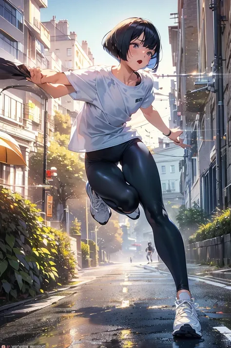 sfw,Best Quality,  official art, masterpiece,(1 person:2.0), Neutral Mens ,( flat chest:1.3),(7 heads), Black Hair ,(Bob Cut Hair),(running:1.5), sportswear,(stretchy leggings:1.5), sneakers ,short sleeve shirt,( Miniskirt),marathon course ,garden,Sweating...