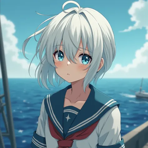 Young sailor . white hair and blue eyes.  Look discouraged. anime