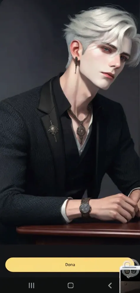 a close up of a person sitting at a table with a cell phone, wearing a black noble suit, tom bagshaw style, handsome pose, but hes from european, with a blue eyes and dark grey hairs, has a vibe from the album Ultraviolence by Lana Del Rey