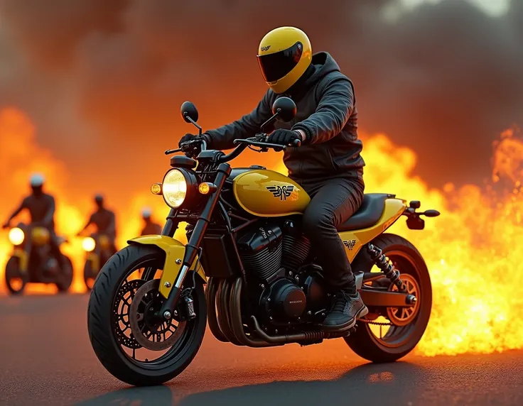 A yellow Biz motorcycle attached with a sticker that sticks on every eagle motorcycle behind a biker on a motorcycle with fire on the ground 