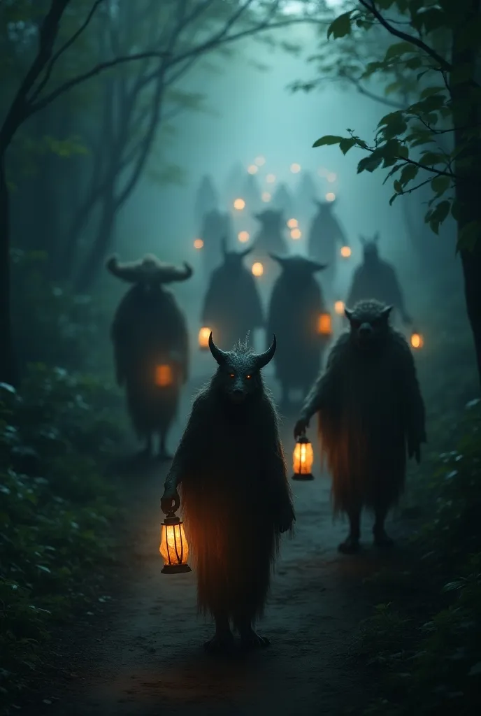 A group of mysterious monsters from the misty forest, western monsters and eastern yokai walking in a line towards the viewer, holding lamps and lanterns that cast an eerie glow, a procession inspired by the Japanese Hyakki Yagyō, with detailed descriptions only where the light shines, silhouette-based human figures, cinematic lighting, moody atmosphere, highly detailed textures and materials, high resolution, photorealistic, masterpiece