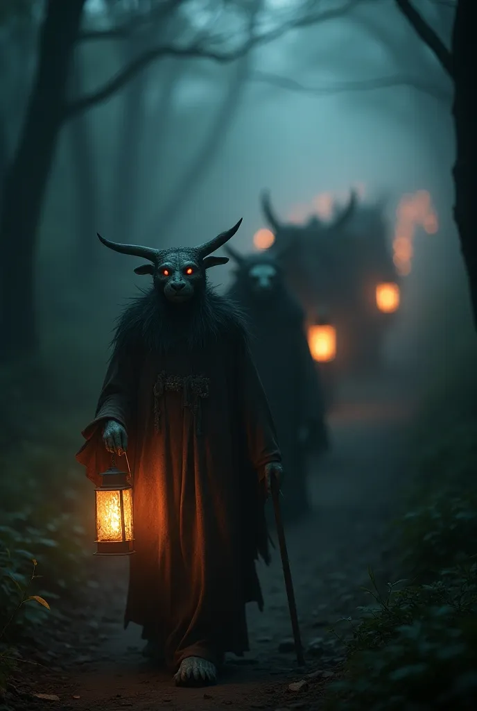 A group of mysterious monsters from the misty forest, western monsters and eastern yokai walking in a line towards the viewer, holding lamps and lanterns that cast an eerie glow, a procession inspired by the Japanese Hyakki Yagyō, with detailed descriptions only where the light shines, silhouette-based human figures, cinematic lighting, moody atmosphere, highly detailed textures and materials, high resolution, photorealistic, masterpiece