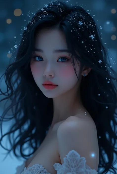 Image of a woman with black hair,  blue eyes , small mouth but full lips ,  long eyelashes,  and with soft and delicate features .  pink lips.  It gives off sweetness and has an extremely beautiful absorbing beauty . slim, with small waist . night environm...