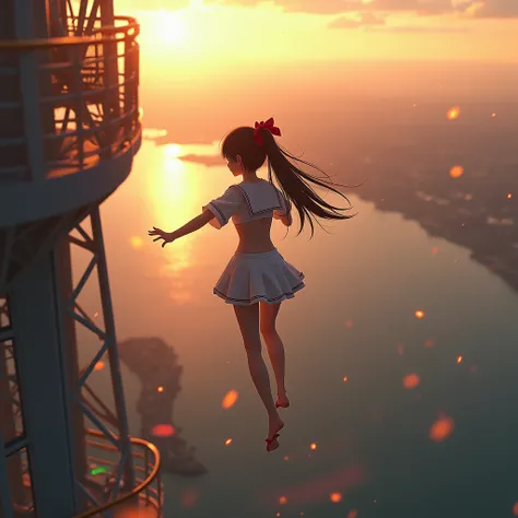 Haunting Live-Action, Extremely Detailed Innocent JK Diving from Yokohama Landmark Tower. Magic Hour Miracle, Sparkling, LifeLike Rendering, MotionBlur, (XLabs F.1 Realism LoRA V1), White Sailor Uniform with Thongs, Red Ribbon Ponytail hair fluttering in t...