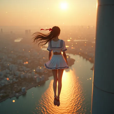 Haunting Live-Action, Extremely Detailed Innocent JK Diving from Yokohama Landmark Tower. Magic Hour Miracle, Sparkling, LifeLike Rendering, MotionBlur, (XLabs F.1 Realism LoRA V1), White Sailor Uniform with Thongs, Red Ribbon Ponytail hair fluttering in t...