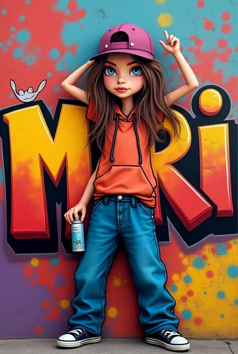  Make a very colorful 3D graffiti art with the name MARI on a wall of a favela, very colored with red colors ,purple, yellow and others ,Put a girl in a cap and baggy pants with a spray can ,Make the girl with long brown hair, make her do the graffiti 