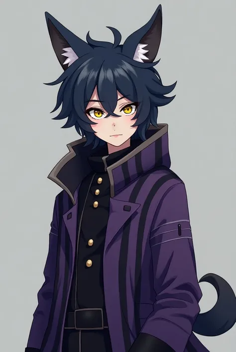 young human ,tall and a little strong,Pointy animal ear with scales on the head, Dark blue hair,purple and black striped coat ,yellow eyes,anime