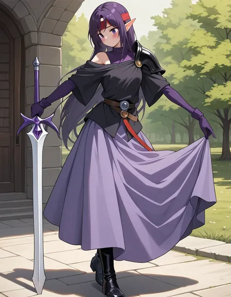   masterpiece  ,best quality,height,ultra-detailed,Yuki (star),Pointed ears,Long hair,Ahogge,red headband, Leonard ,Purple Open Shoulder Armor, Purple Sleeve ,Split arm,Purple gloves,  Classic Purple Longsword  ,belt,Long skirt,(purple skirt:1.2),Boots,out...