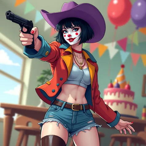 illustrate a cowgirl, She wears a purple cowboy hat over her short cut black hair. She wears a brightly colored jacket with the sleeves rolled up, holding a pistol. She wears torn jean shorts and cowboy boots. Her skin is painted white and she wears clown ...