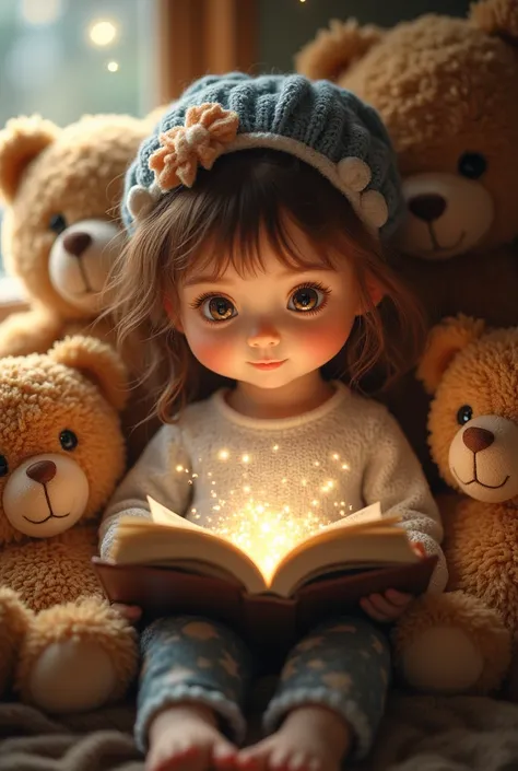 a  reading a book surrounded by teddy bears, portrait shot, adorable, photography, beautiful art uhd 4 k, charming and whimsical, reflection of light, color photography, 5d, very magically beautiful