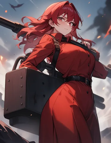 1 girl, female focus, Victoria Seras , Hellsing Ultimate, wound, redhead, red form ,  huge anti-tank gun,, masterpiece,  best quality ,  very aesthetically pleasing , absurdres