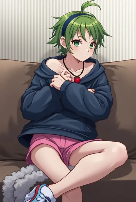 green hair,short ponytail hair,dark baggy blue short jacket,pink short pants,dark green eyes,white and blue shoes,cherry necklace,white warmers,dark blue headband, sitting on the couch,closer, crossing arm