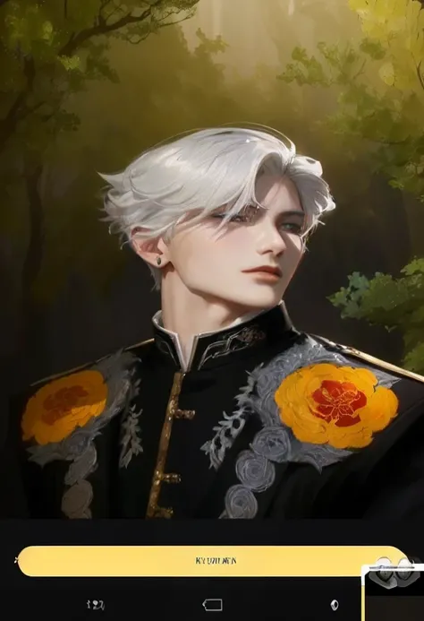 a close up of a person with white hair and a flower on his shoulder, handsome guy in demon slayer art, beautiful androgynous prince, delicate androgynous prince, anime handsome man, artwork in the style of guweiz, anime portrait of a handsome man, xqc, a c...