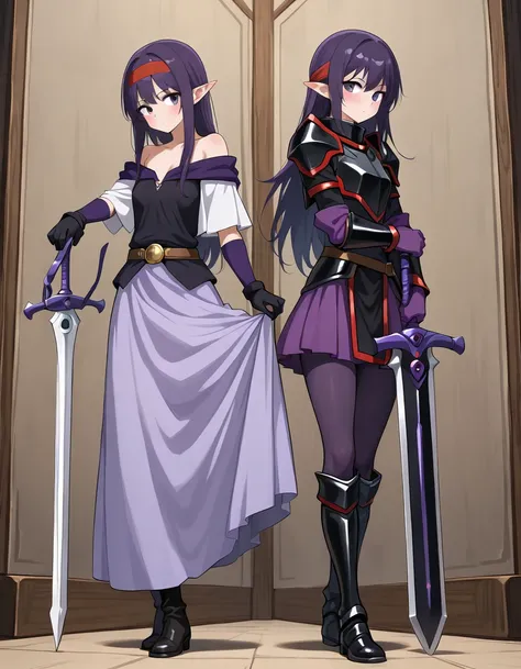   masterpiece  ,best quality,height,ultra-detailed,Yuki (star),Pointed ears,Long hair,Ahogge,red headband, Leonard , Purple Open Shoulder Steel Armor, Purple Sleeve ,Split arm,Purple gloves,  Classic Purple Longsword  ,belt,Long skirt,(purple skirt:1.2),Bo...