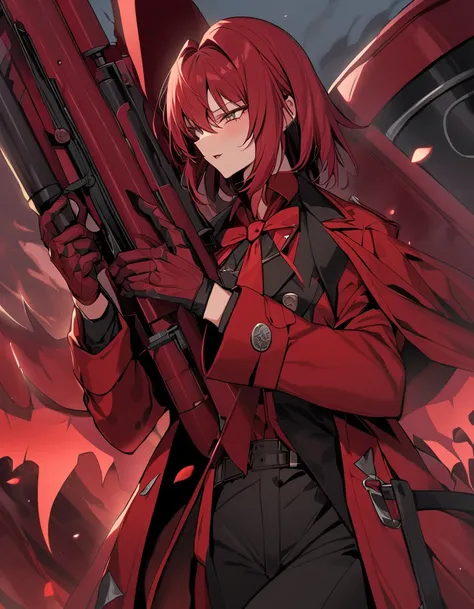 Victoria Seras, Hellsing Ultimate, Red-haired vampire,  uniform with attractive , wearing a red ,  uniforms with a big sniper culprit in his hands, masterpiece,  Perfect quality 