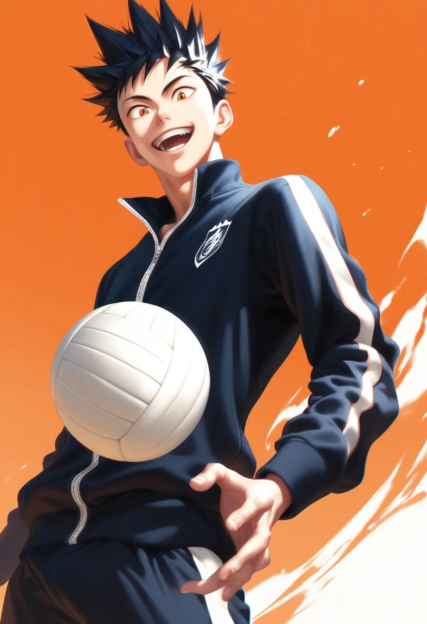 male focus, cowboy shot, holding ball, volleyball, looking down at viewer, smiling kindaichihu, black_kindaichihu_spiked hair, b...