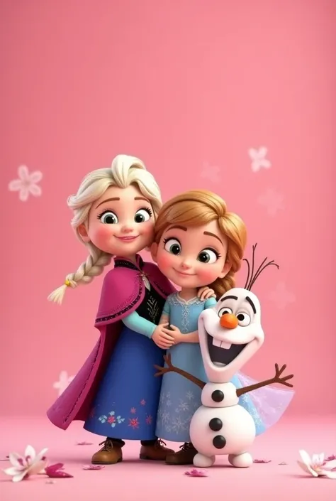 Elsa,  Anna and Olaf kids, pink background, With the name Manuela 