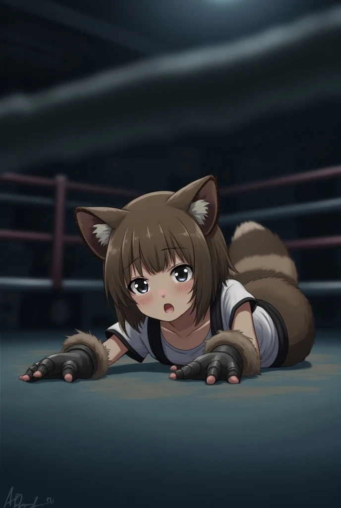  The image shows a female anime-style character with raccoon ears and a fluffy striped tail,  wearing a white t-shirt with straps and a jacket loose over the shoulders .  His hair is short and brown ,  with large expressive eyes that would usually be seen ...