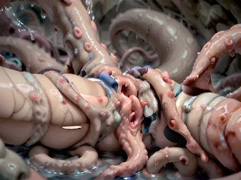 high quality 、 detailed explanation、tentacles that swallow hands and feet ,（fearful face）。  realistic giant tentacle-like clitor...