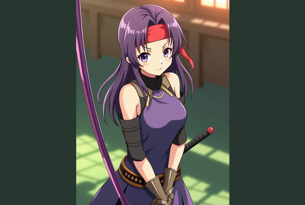   masterpiece  ,best quality,height,ultra-detailed,Yuki (star),Pointed ears,Long hair,Ahogge,red headband, Leonard ,Purple Open Shoulder Armor, Purple Sleeve ,Split arm,Purple gloves,  Classic Purple Longsword  ,belt,Long skirt,(purple skirt:1.2),Boots,,st...